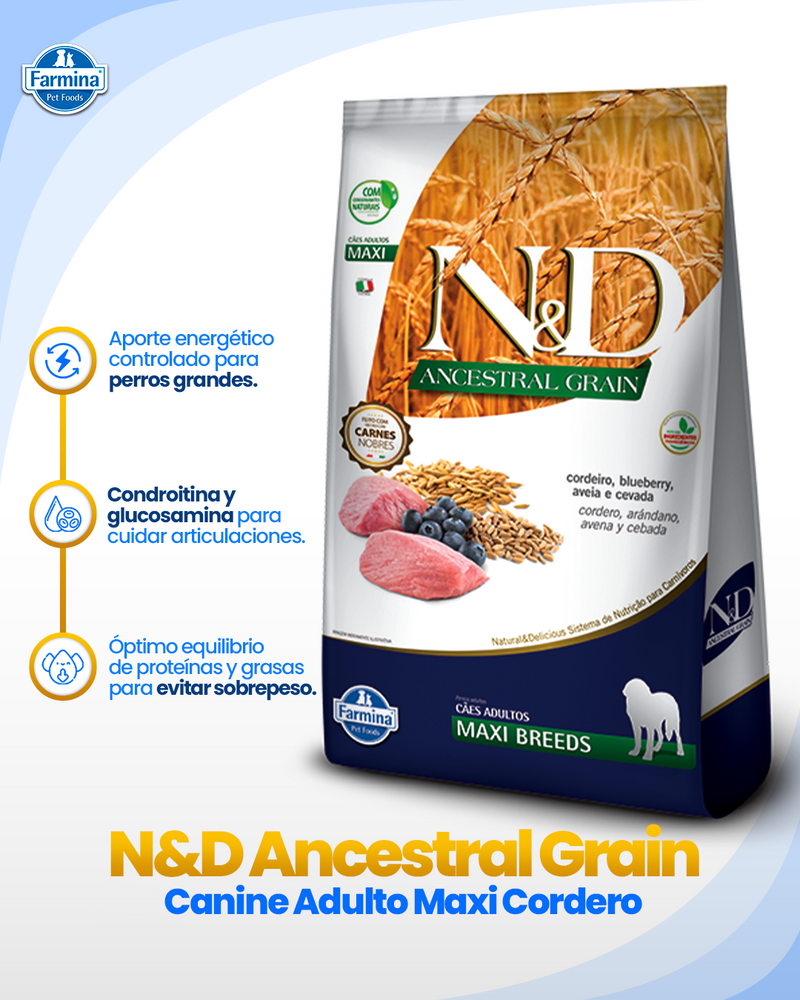 N&D Ancestral Grain Cordero y Arándano Adult Maxi – Alimento Para Perros Adultos