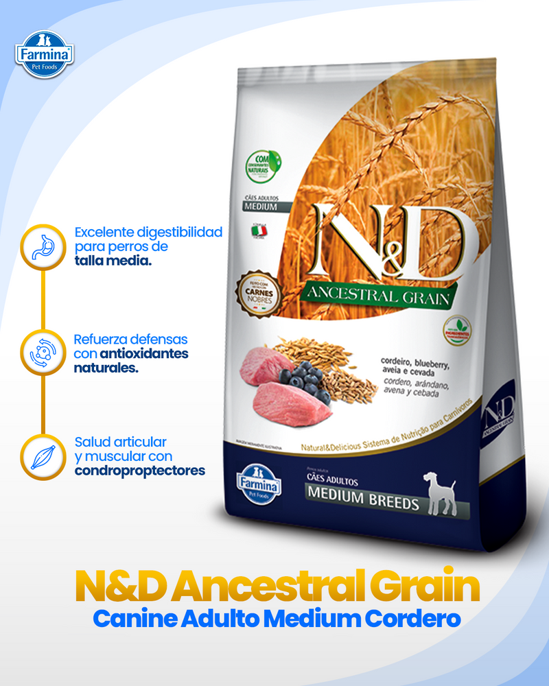 N&D Ancestral Can Cordeiro Adult Medium – Alimento para Perros Adultos Razas Medianas